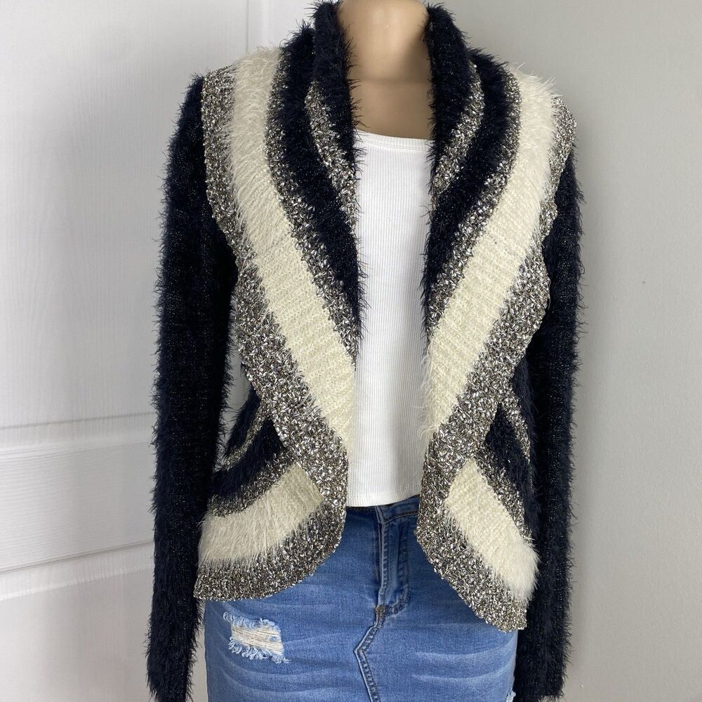 Diva Designs Cardigan Womens L-XL black white fuzzy fold over collar  Cozycore